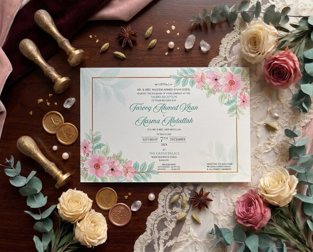 Pink Cosmos Floral Landscape Valima Card | Shahi Bulawa Karachi thumbnail 2