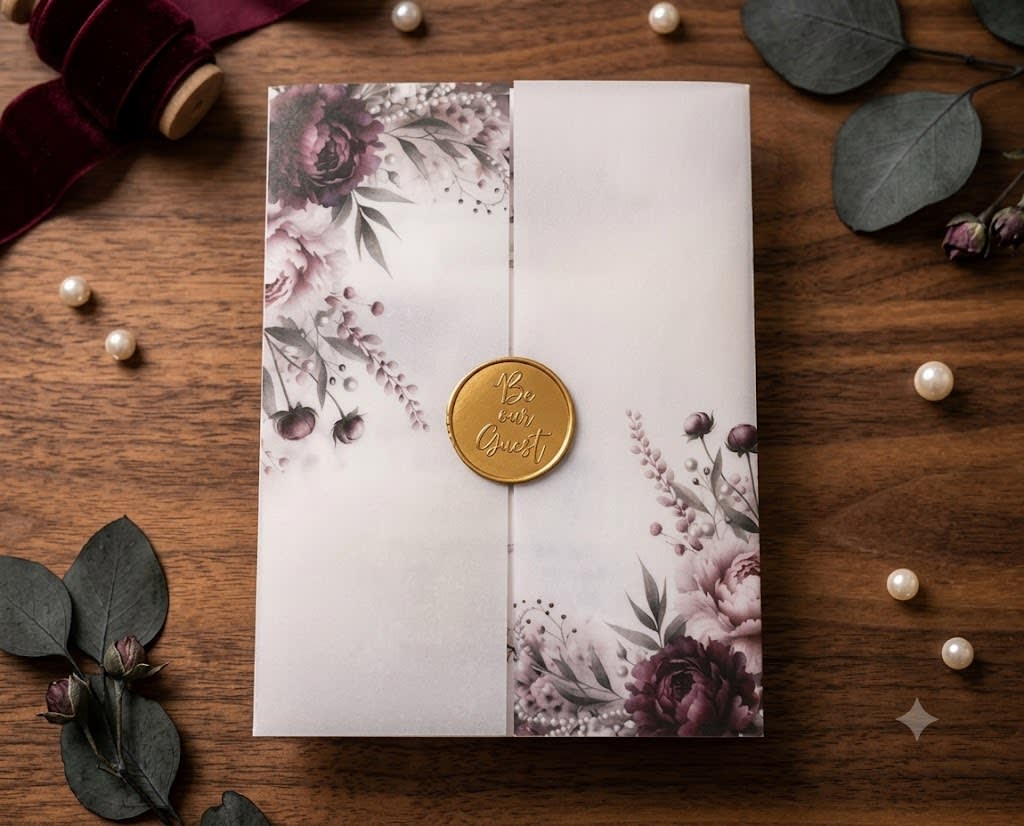 A translucent vellum gatefold wedding invitation printed with a dark maroon floral bouquet and pearls