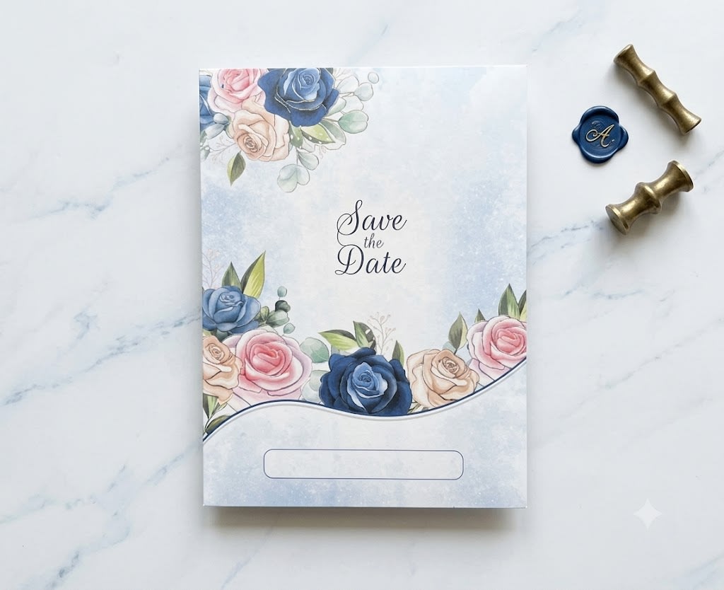 A premium royal blue and pink floral wedding card suite featuring a unique wave-cut envelope cover and matching insert card.