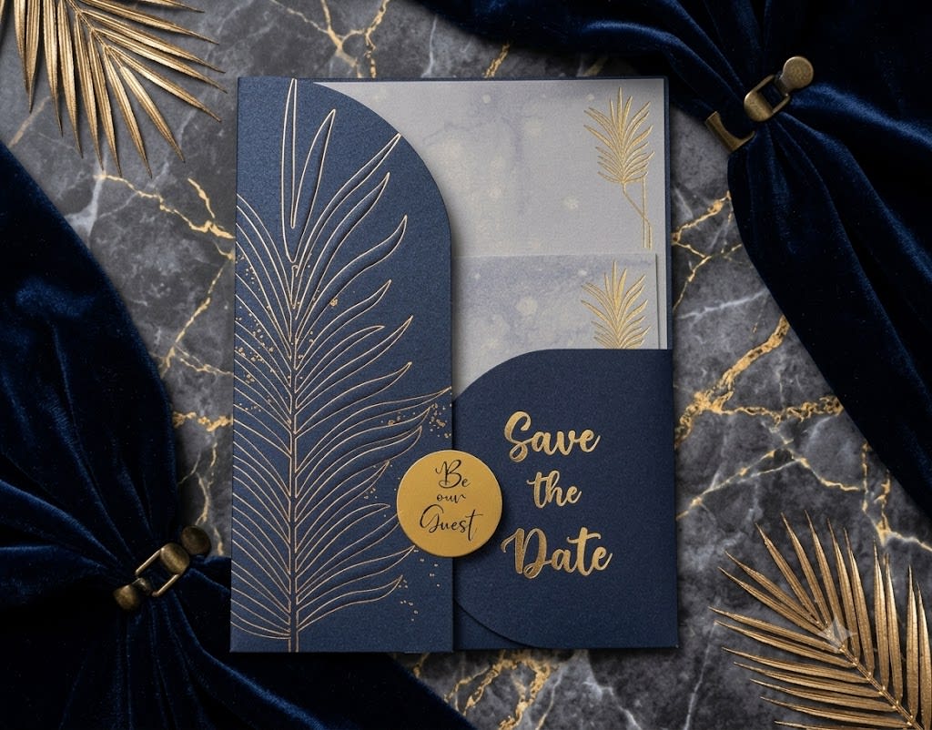 Minimalist Save the Date Wedding Card with Gold Leaf Pouch in Karachi - Shahi Bulawa — view 5