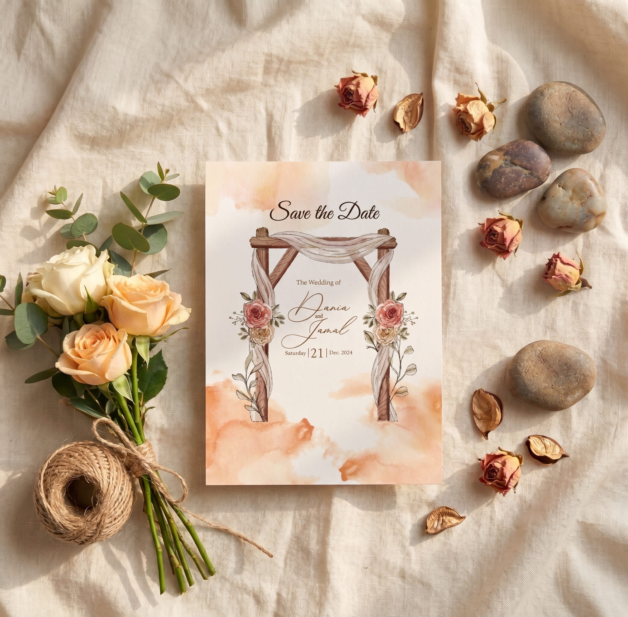 Save the date card with a watercolour floral wedding arch, draped fabric and terracotta cloud tones by Shahi Bulawa Karachi