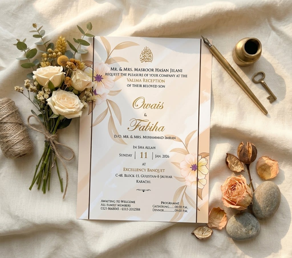Bride & Groom Floral Arch Wedding Card | Shahi Bulawa Karachi thumbnail 2