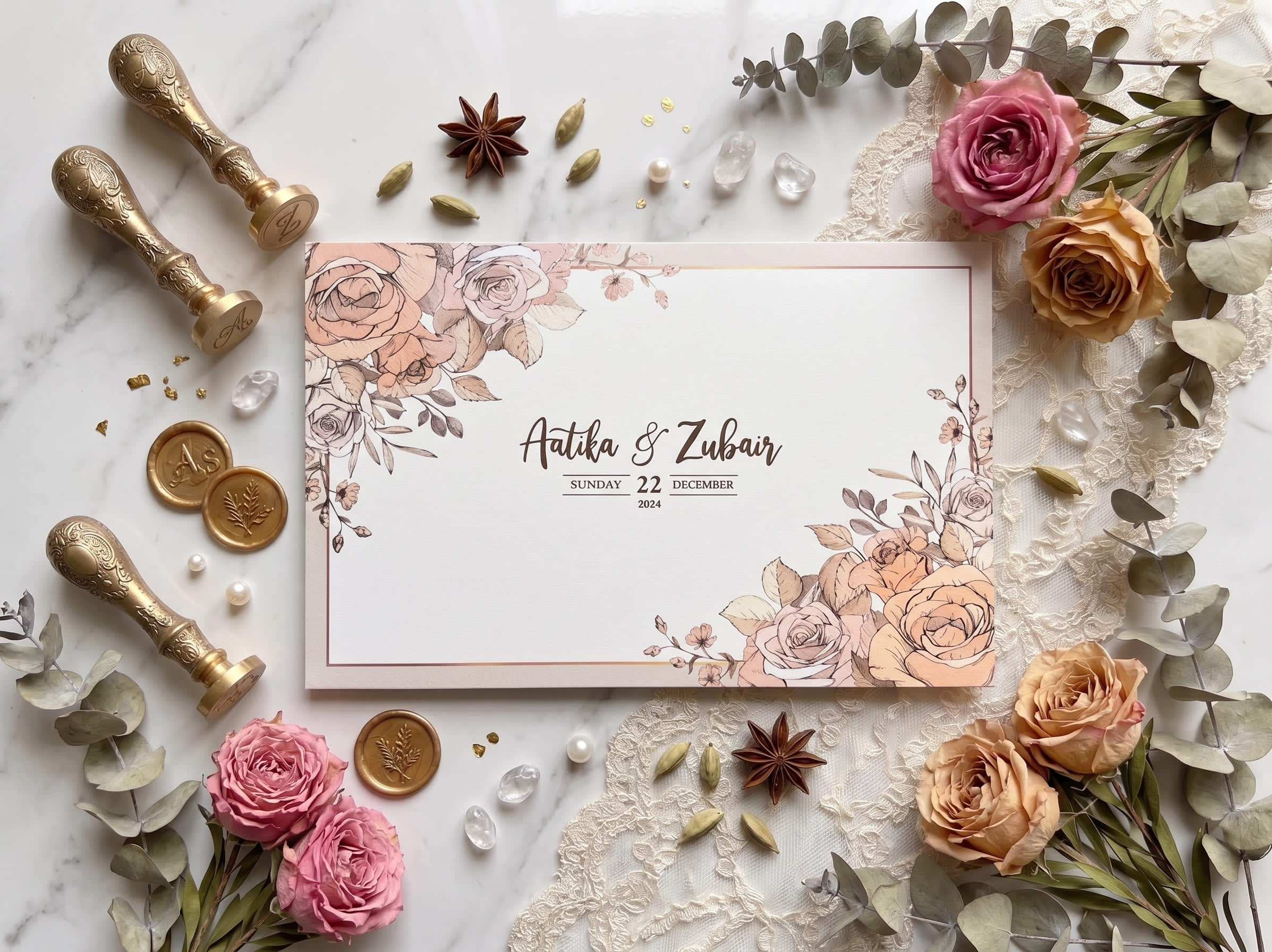 Landscape wedding card set with vintage sepia and beige roses and a gold double frame by Shahi Bulawa Karachi