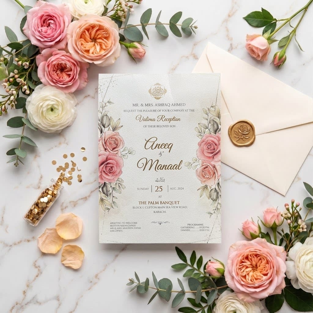 Gold Wreath Ring Rose Wedding Invitation Card | Shahi Bulawa Karachi thumbnail 2