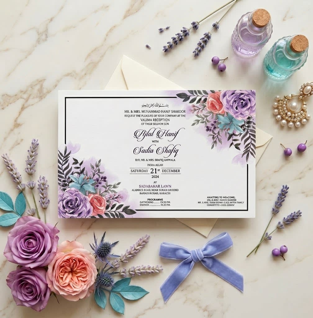 Lavender & Peach Rose Landscape Valima Card | Shahi Bulawa Karachi thumbnail 2
