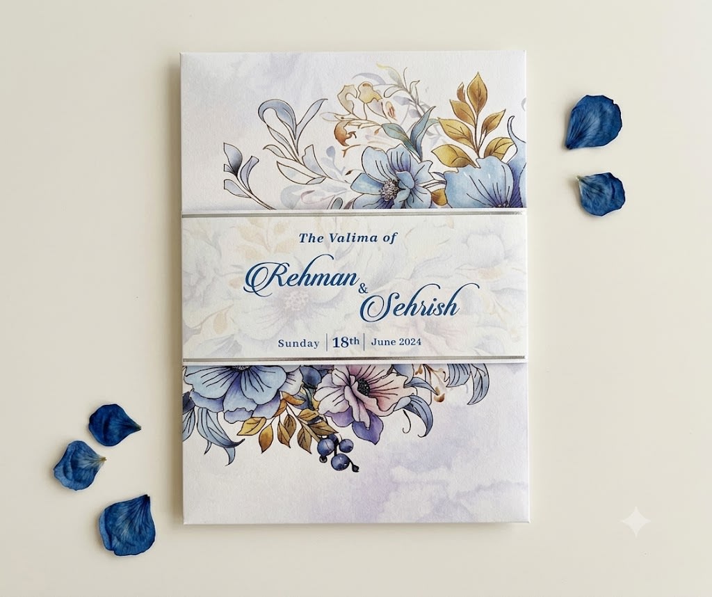 An elegant blue watercolor floral wedding card suite with lavender flowers