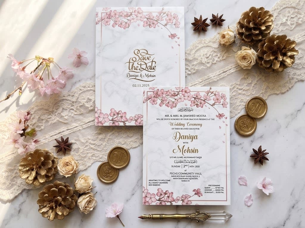 Marble & Cherry Blossom Save the Date Card | Shahi Bulawa Karachi thumbnail 3