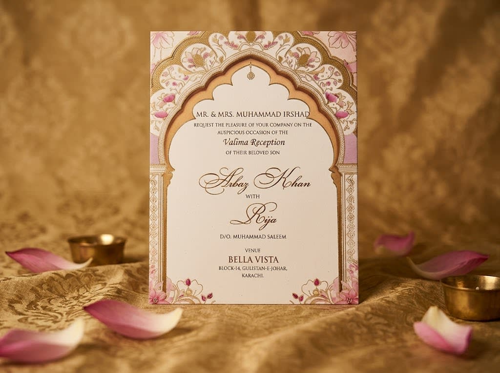 A classic Mughal arch wedding card suite with gold foil borders