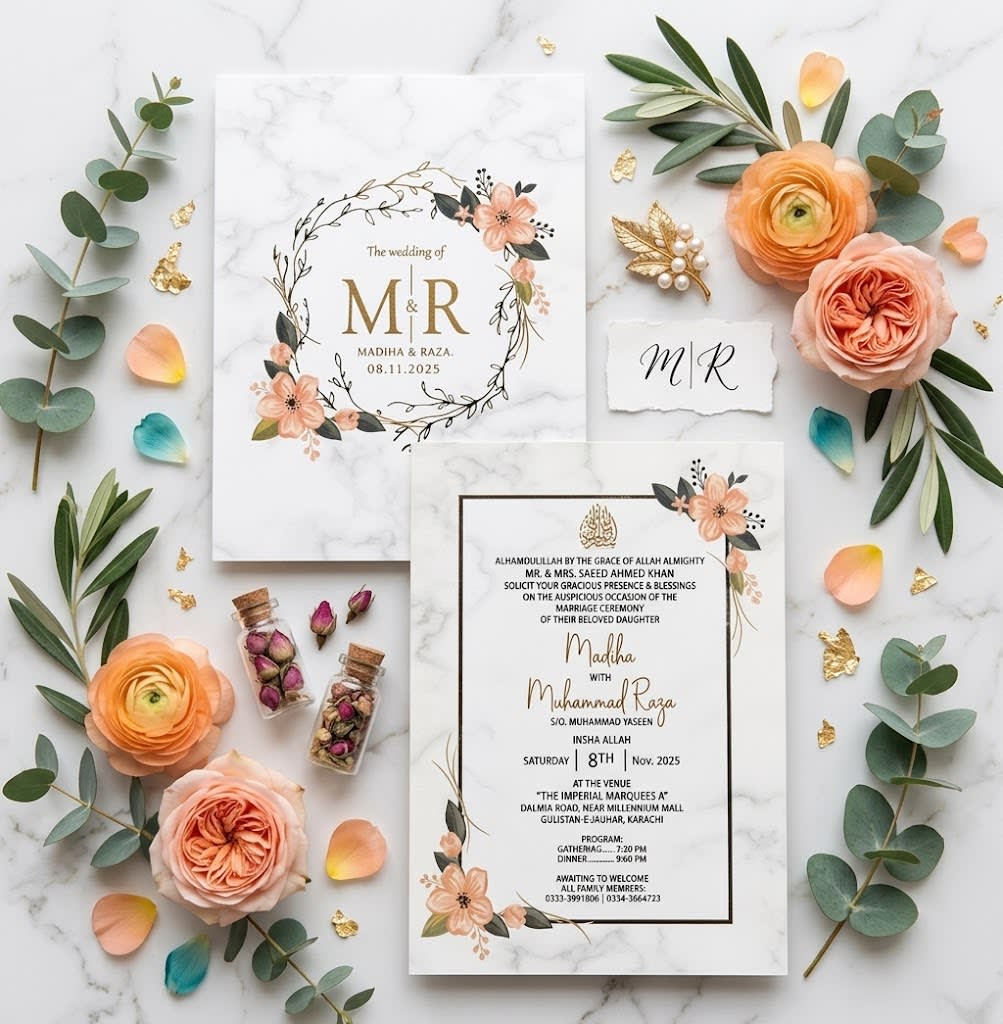 Marble & Gold Monogram Wreath Wedding Card | Shahi Bulawa Karachi thumbnail 3