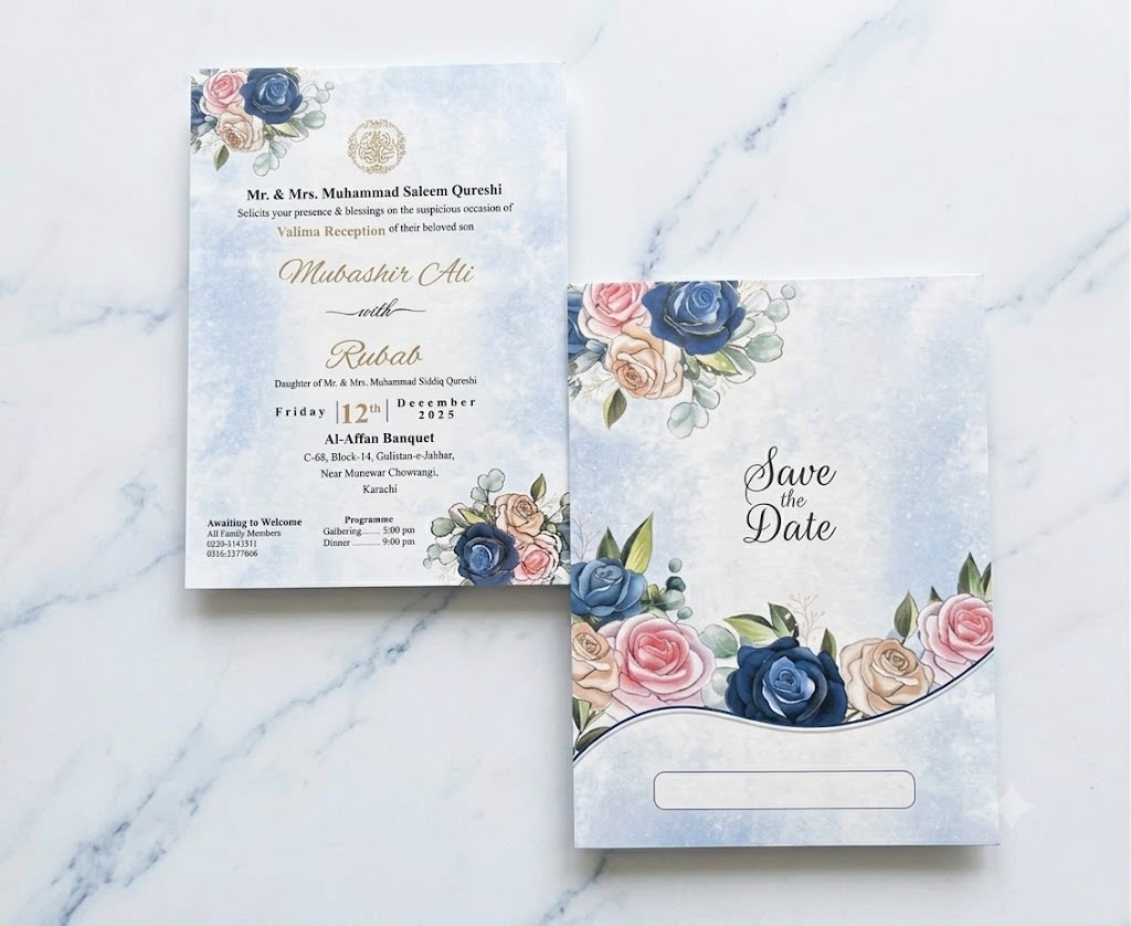 Royal Blue and Pink Floral Wedding Card with Wave Cut Pouch in Karachi - Shahi Bulawa thumbnail 3