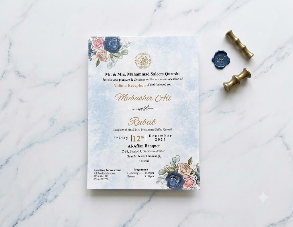 Royal Blue and Pink Floral Wedding Card with Wave Cut Pouch in Karachi - Shahi Bulawa thumbnail 2