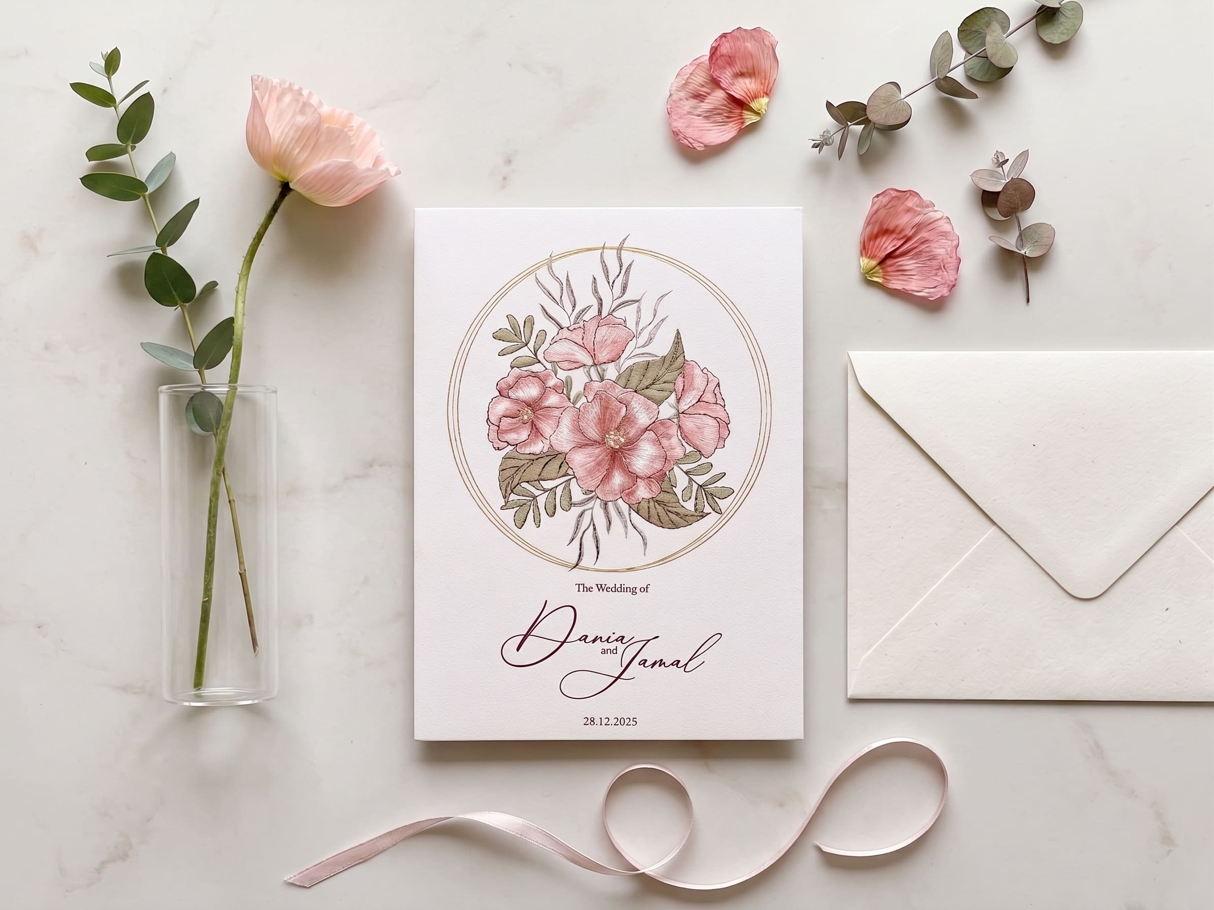 Wedding invitation card with a hand-drawn pink rose bouquet inside a soft pink circle by Shahi Bulawa Karachi