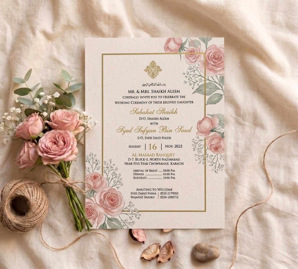 Blush Rose Wedding Invitation Card | Shahi Bulawa Karachi thumbnail 3