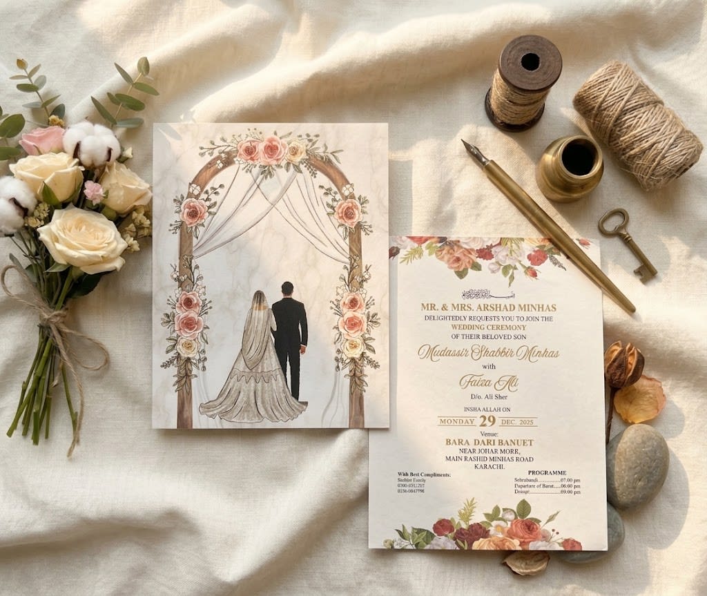 Floral Arch Couple Watercolour Wedding Card | Shahi Bulawa Karachi thumbnail 3
