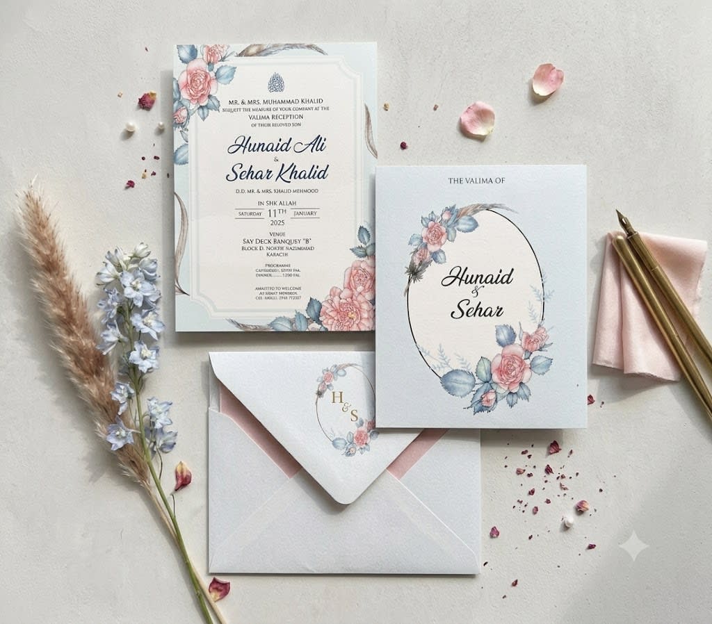 Blush Pink and Blue Floral Wedding Card with Oval Frame in Karachi - Shahi Bulawa thumbnail 3