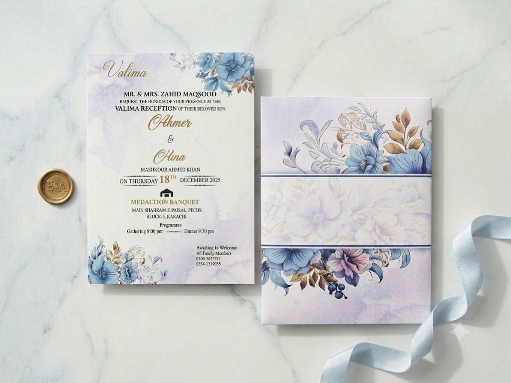 Blue Watercolor Wedding Card with Elegant Floral Envelope in Karachi - Shahi Bulawa thumbnail 3