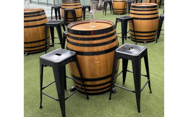 Wine barrel black band hire Brisbane — oak barrel with steel bands event feature