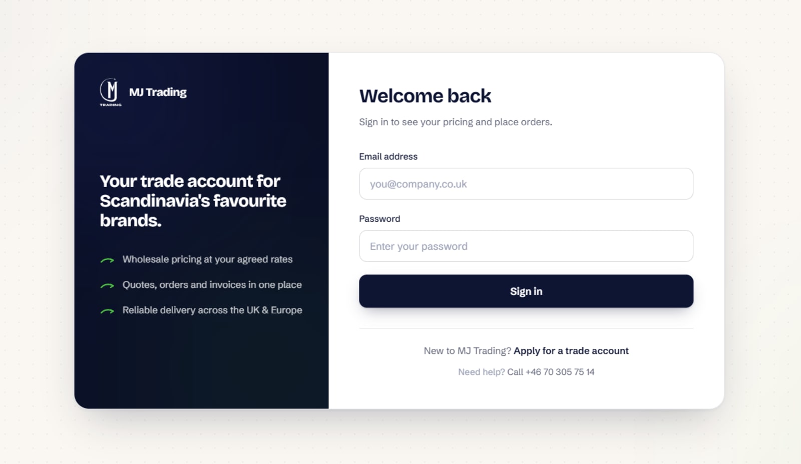 The MJ Trading trade store sign-in page, with the account benefits listed beside the form