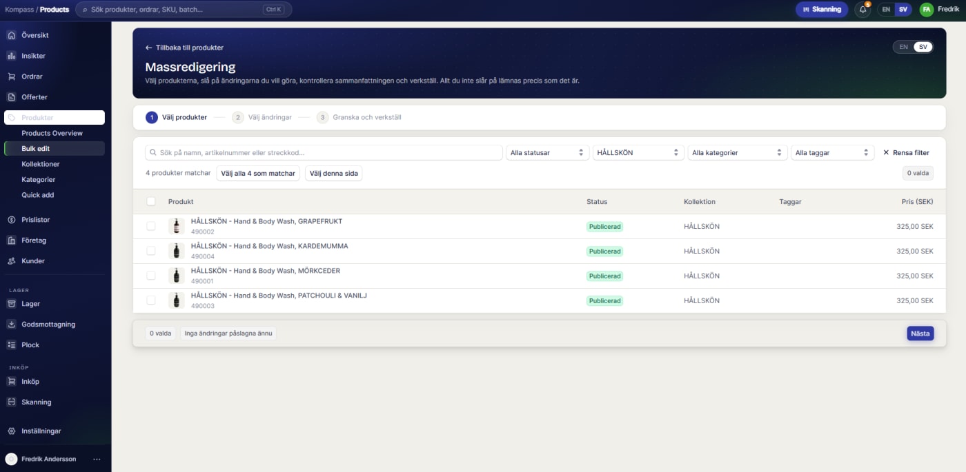 Kompass admin showing a three-step bulk edit across products, in Swedish