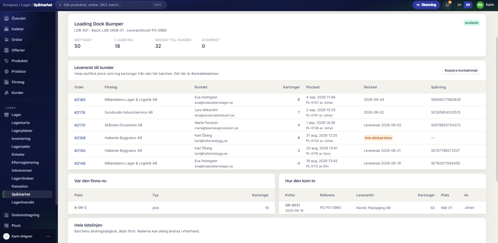 A batch page in Kompass listing every customer order that took cases from the batch, where it sits now and how it came in