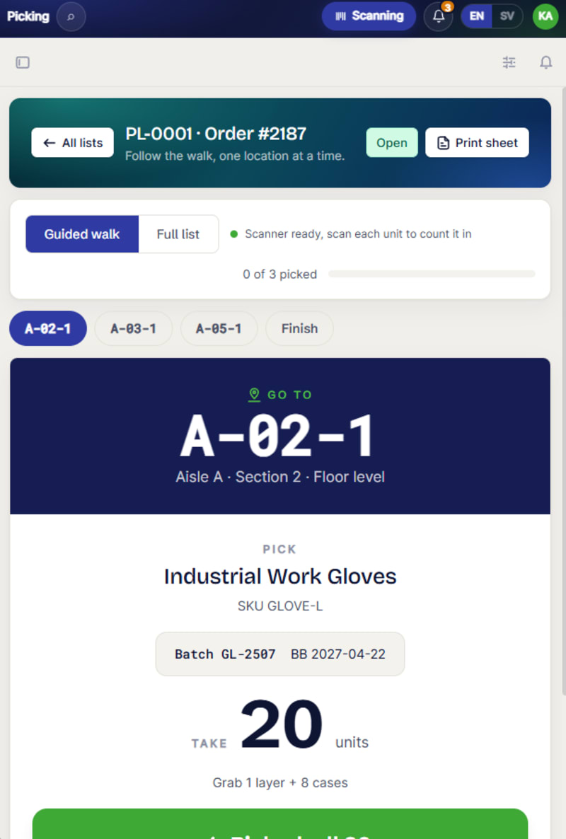 A guided pick walk on a warehouse iPad showing the next location, the product, its batch and the quantity to take