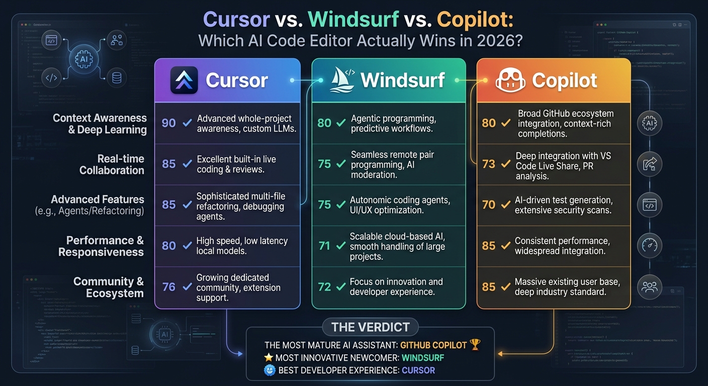 Cursor vs Windsurf vs Copilot: Best AI Code Editor in 2026