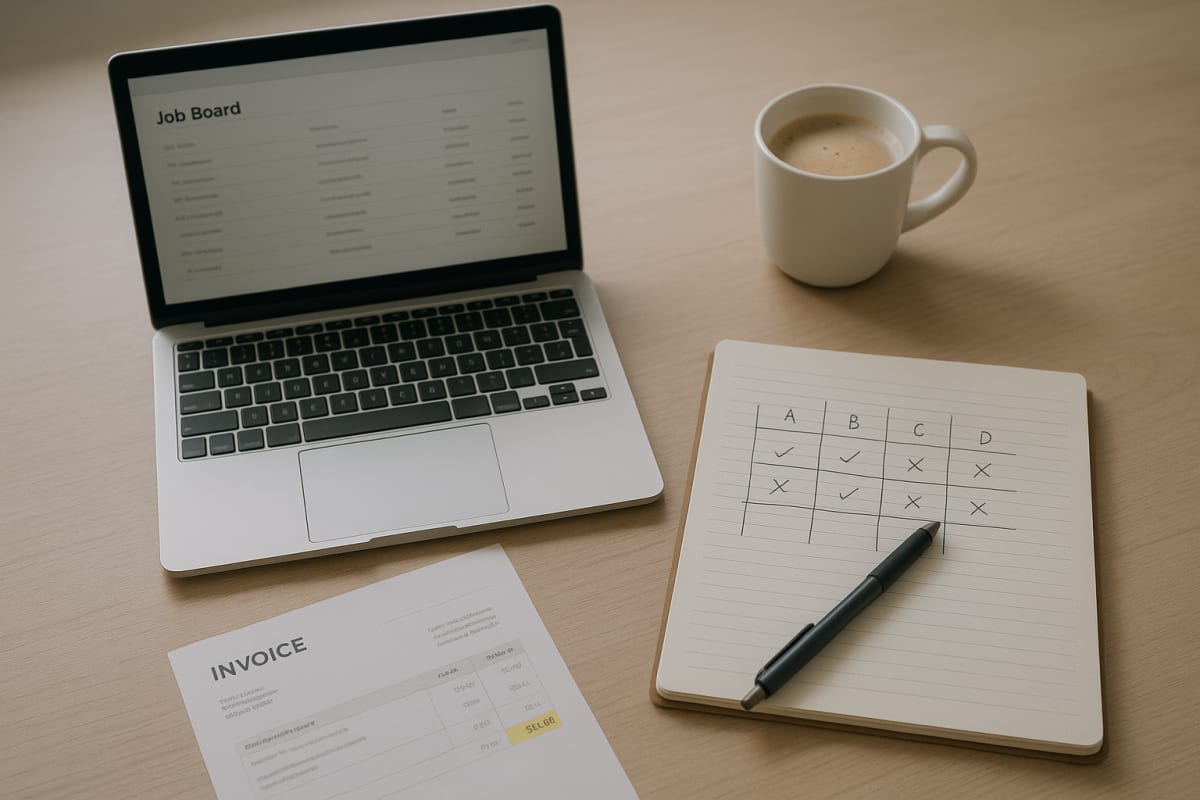 Overhead view of a desk with a laptop, a printed invoice with a highlighted fee line, and a notebook comparison table