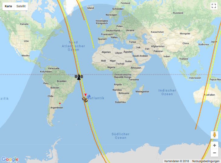 n2yo screenshot of Landsat-8 & Sentinel-2A with orbits (5th of July at 21:30:13)