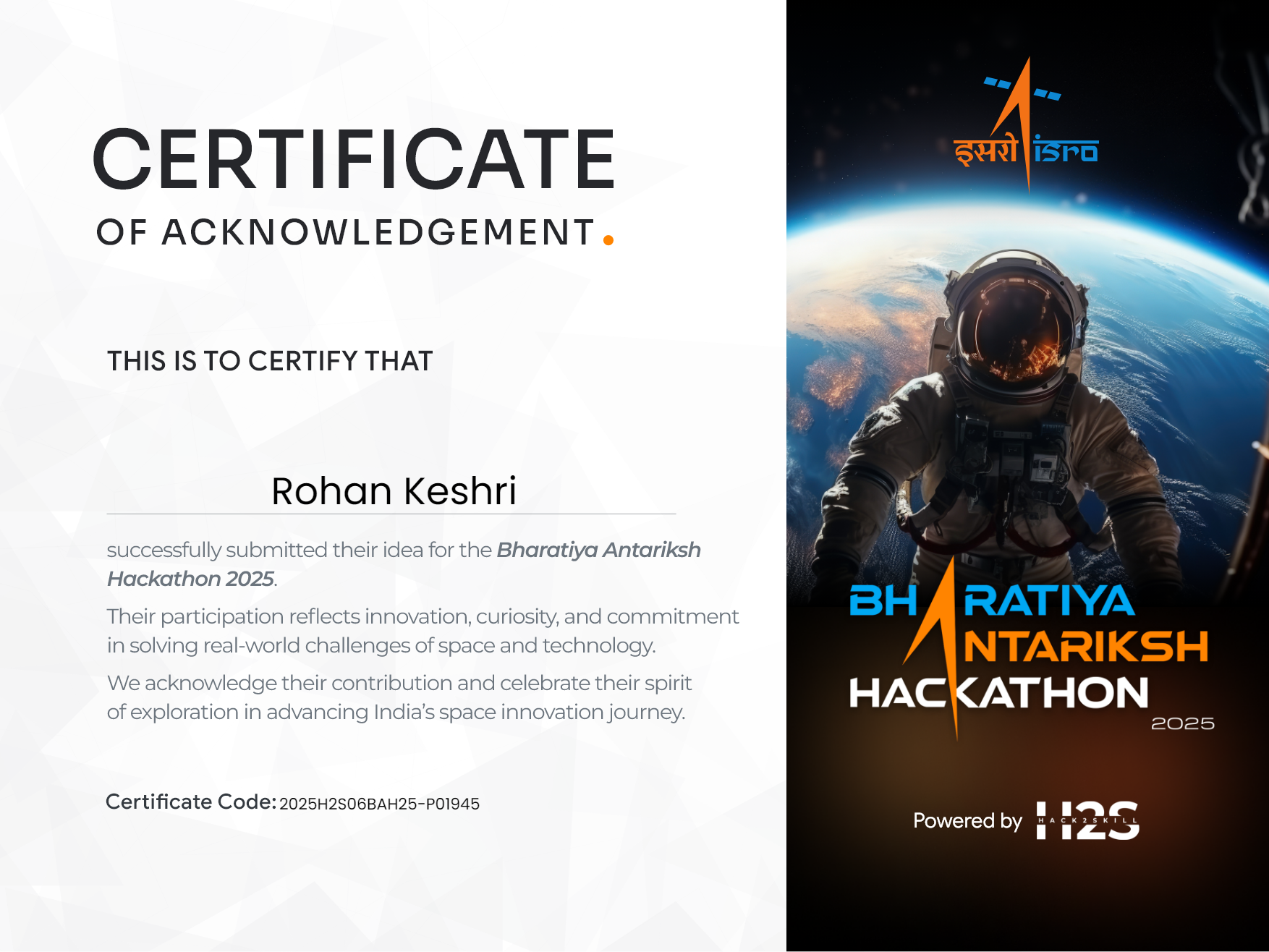 Bharatiya Antariksh Hackathon Certificate