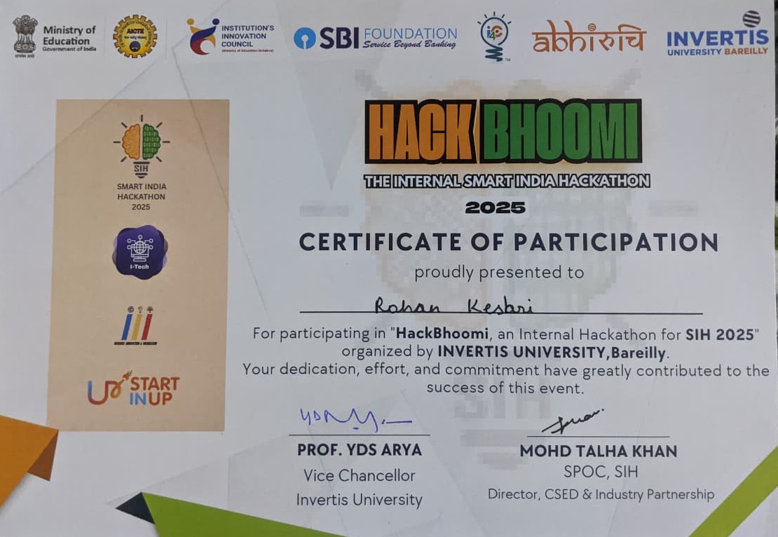 HackBhoomi Hackathon Certificate