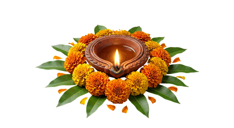 Diya PNG Transparent | Free Diwali Lamp & Marigold Decoration Image