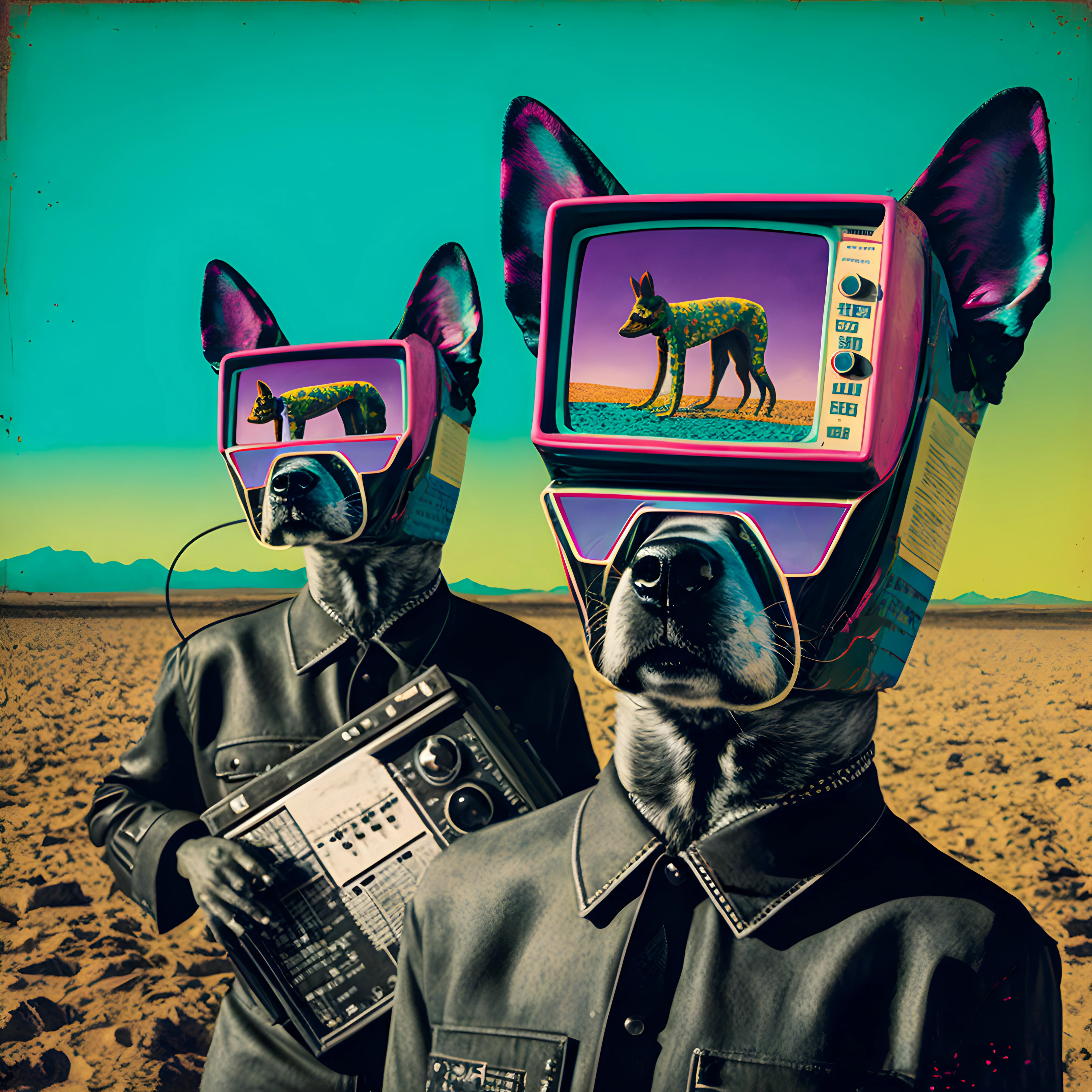 Cães com óculos em um cenário psicodélico