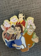 Belle holding book, cluster with LeFou, Maurice, and the Bimbettes