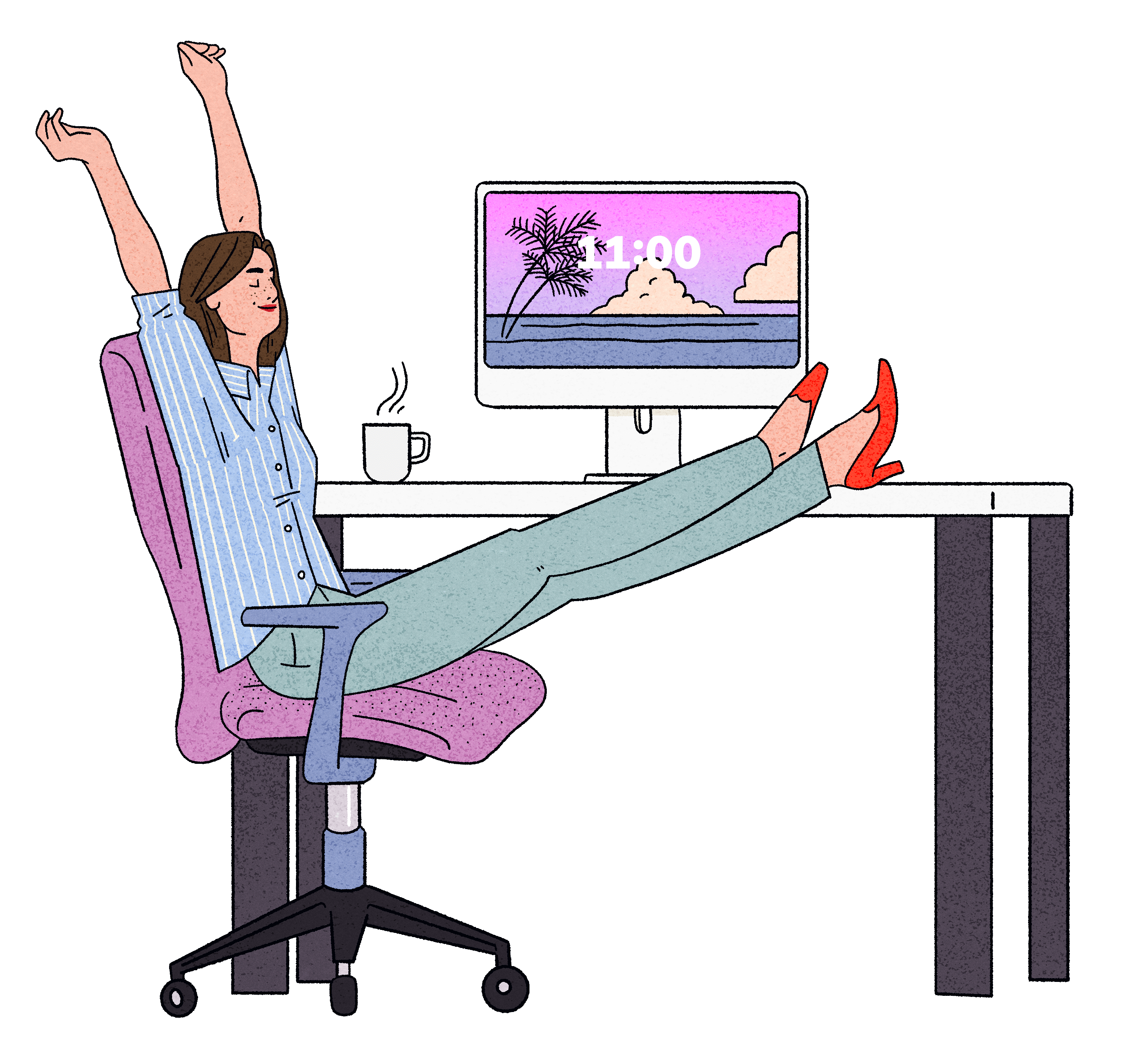 Illustration of a woman working at a computer, with Gusto connected to AI assistants such as Claude and ChatGPT and to agents run from the command line, to automate people and payroll work.