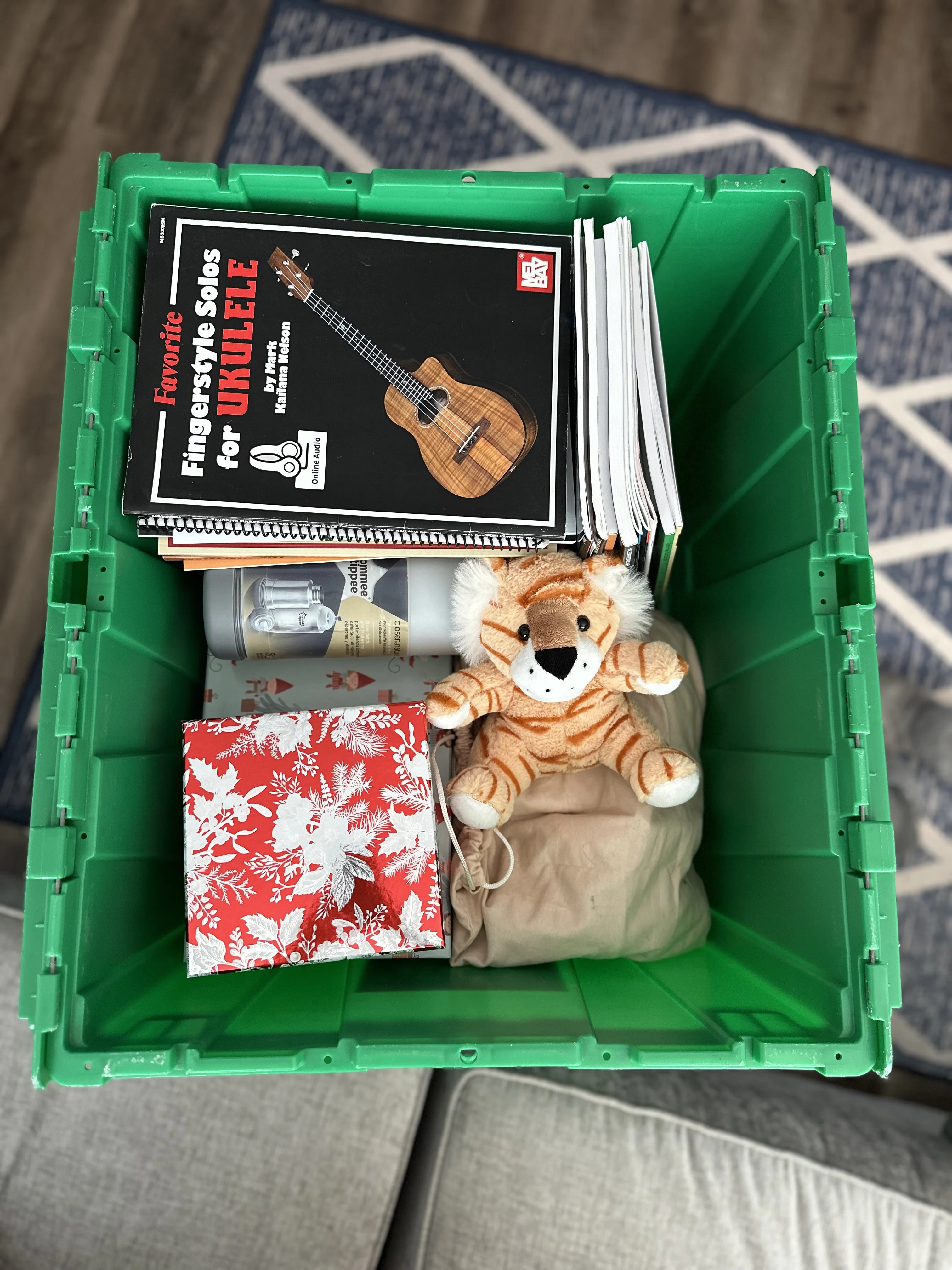 Green moving tote with books, toys, and supplies from Ottawa Box Rental in Greely on RAS