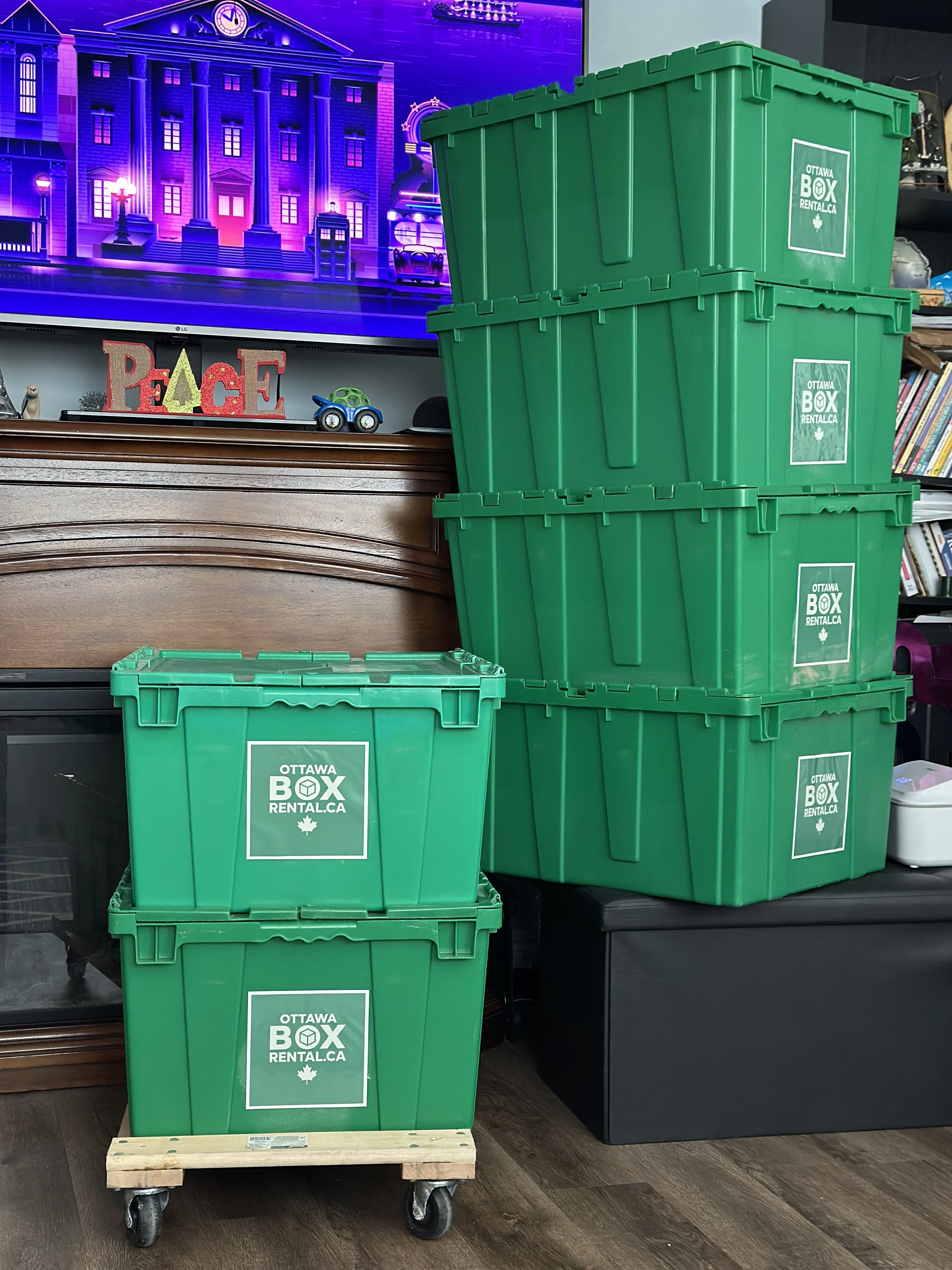 Green Ottawa Box Rental moving boxes in Greely, available to rent on RAS