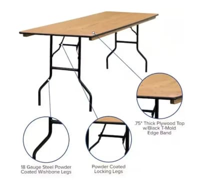Rectangle 8' Folding Wood Banquet Table Grade B for rent in Kanata