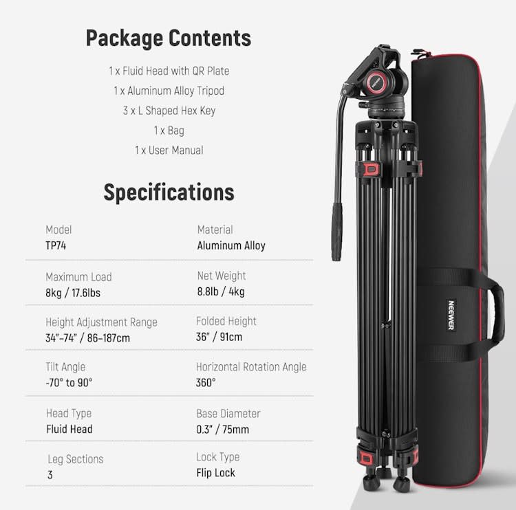 74" Video Tripod with Fluid Head – photo 3 in Ottawa