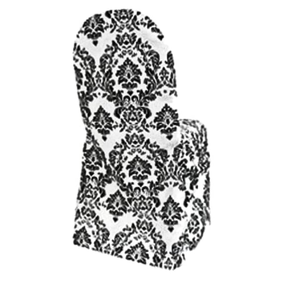 Black And White Damask Polyester Banquet Chair Covers for rent in Nepean