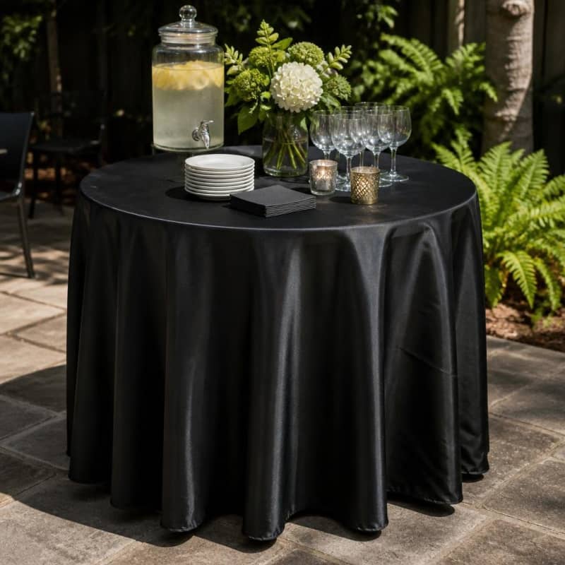 Black Tablecloth 120 inch Round Satin Party-Event 1/3