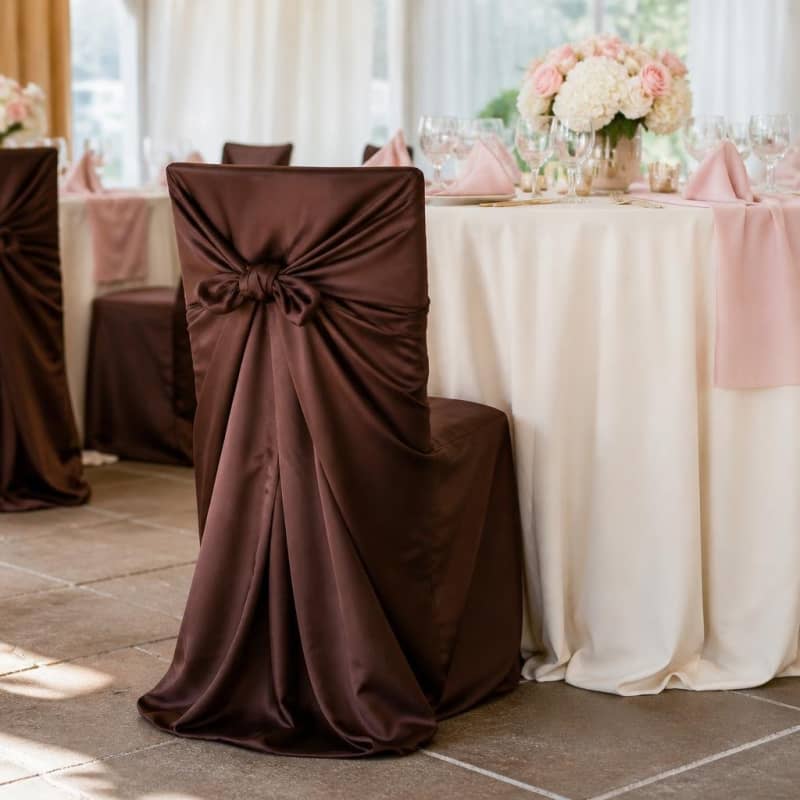 Chocolate Chair Covers Universal - Satin Party-Event 1/4
