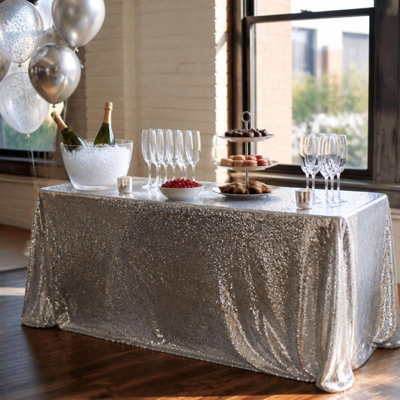 Silver Sequin Table Linen 90 x 132 inch Party-Event 1/3