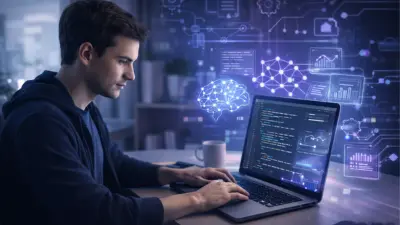 Programador confiante trabalhando em um notebook com código visível e elementos de inteligência artificial, mostrando o humano no controle da tecnologia.