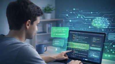Iniciante em programação usando notebook com código organizado e sugestões visuais de inteligência artificial, mostrando a IA como apoio ao aprendizado.