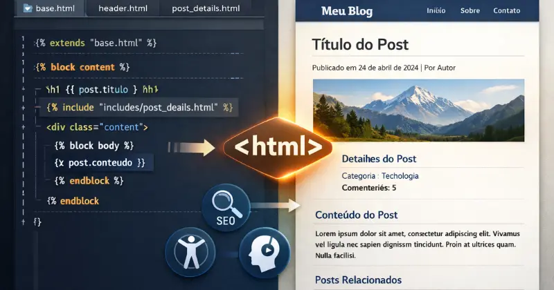 A imagem ilustra a ideia de que HTML é parte da arquitetura em Django ao mostrar, lado a lado, o código e o resultado final. De um lado, aparecem templates Django organizados, com herança (extends), blocos bem definidos e includes separados, representando decisões arquiteturais.