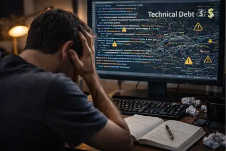 Desenvolvedor frustrado diante de código confuso e alertas de dívida técnica, ilustrando o custo silencioso de manter software sem boas práticas: retrabalho, medo de mudança e perda de produtividade.