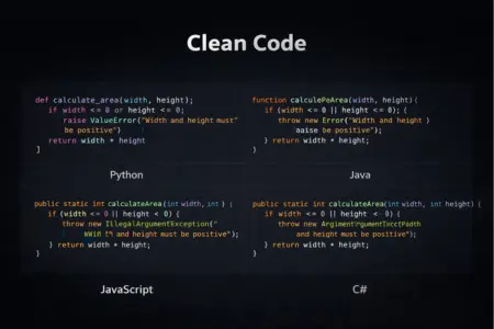 Exemplo de código limpo escrito em Python, JavaScript, Java e C#, mostrando que os princípios de Clean Code não dependem de linguagem, mas de clareza, simplicidade e responsabilidade profissional.