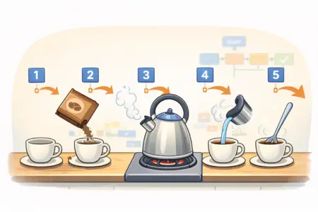 A ilustra&ccedil;&atilde;o apresenta o preparo do caf&eacute; como uma sequ&ecirc;ncia l&oacute;gica de passos: x&iacute;cara, p&oacute;, &aacute;gua quente e mistura final. Setas numeradas indicam a ordem correta das a&ccedil;&otilde;es, enquanto elementos sutis ao fundo remetem &agrave; programa&ccedil;&atilde;o. A imagem refor&ccedil;a que algoritmos n&atilde;o est&atilde;o apenas no computador, mas em tarefas simples do dia a dia, mostrando que seguir uma sequ&ecirc;ncia l&oacute;gica &eacute; essencial para alcan&ccedil;ar o resultado esperado.