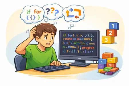 A imagem representa um iniciante em programa&ccedil;&atilde;o diante de um c&oacute;digo desorganizado e dif&iacute;cil de entender. Bal&otilde;es de pensamento com s&iacute;mbolos misturados, setas desconectadas e pontos de interroga&ccedil;&atilde;o refor&ccedil;am a sensa&ccedil;&atilde;o de confus&atilde;o. O contraste entre blocos desalinhados e blocos numerados e organizados mostra que, sem planejamento l&oacute;gico, o c&oacute;digo se torna confuso, enquanto organizar o racioc&iacute;nio antes de programar traz clareza e melhores resultados.