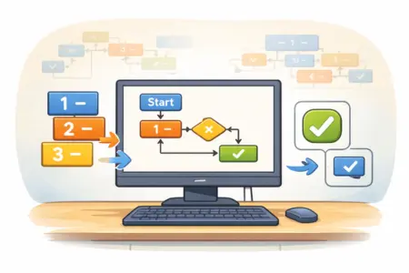 A imagem mostra um computador executando blocos de comandos organizados em sequ&ecirc;ncia, com decis&otilde;es claras e um resultado final previs&iacute;vel. &Iacute;cones de ordem, decis&atilde;o e conclus&atilde;o refor&ccedil;am o fluxo l&oacute;gico da execu&ccedil;&atilde;o. Em contraste, blocos desconectados ao fundo simbolizam c&oacute;digo sem planejamento. A ilustra&ccedil;&atilde;o transmite que o computador segue instru&ccedil;&otilde;es de forma literal, e que a organiza&ccedil;&atilde;o l&oacute;gica &eacute; fundamental para o funcionamento correto e a manuten&ccedil;&atilde;o do c&oacute;digo.
